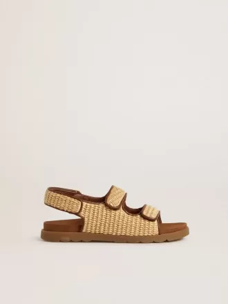 Sandales Noa pour enfants en raphia beige et cuir marron