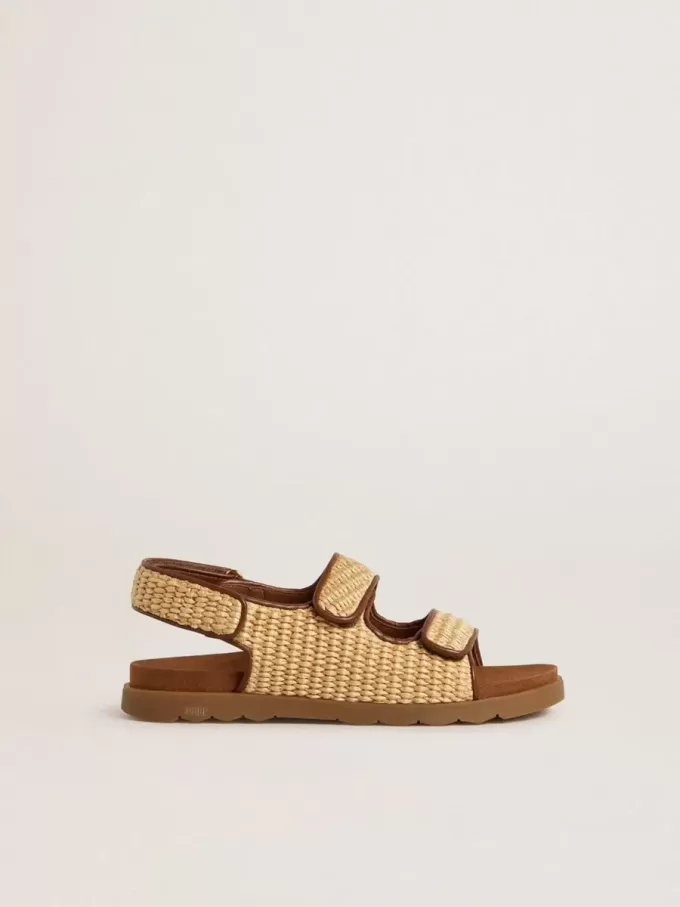 Sandales Noa pour enfants en raphia beige et cuir marron