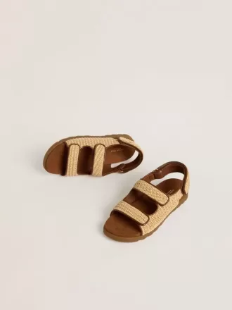 Sandales Noa pour enfants en raphia beige et cuir marron