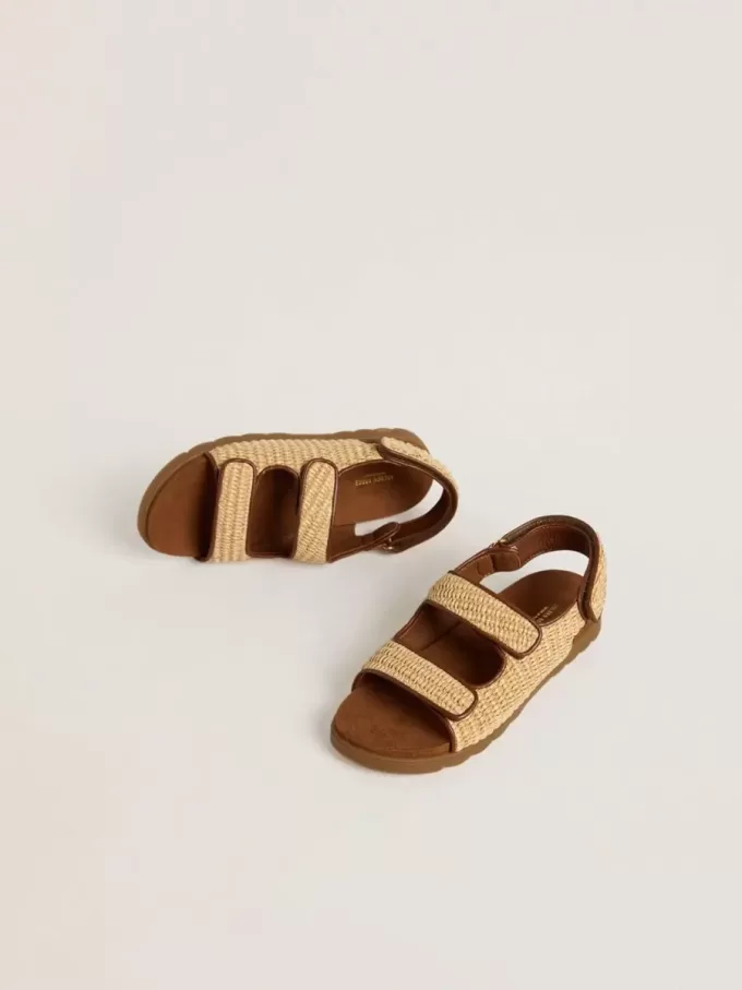 Sandales Noa pour enfants en raphia beige et cuir marron