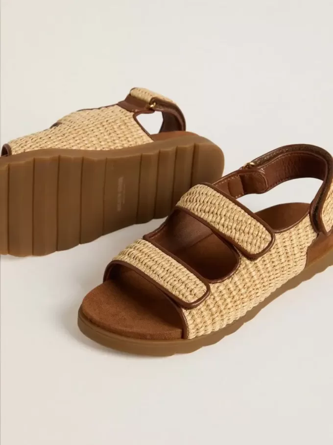 Sandales Noa pour enfants en raphia beige et cuir marron