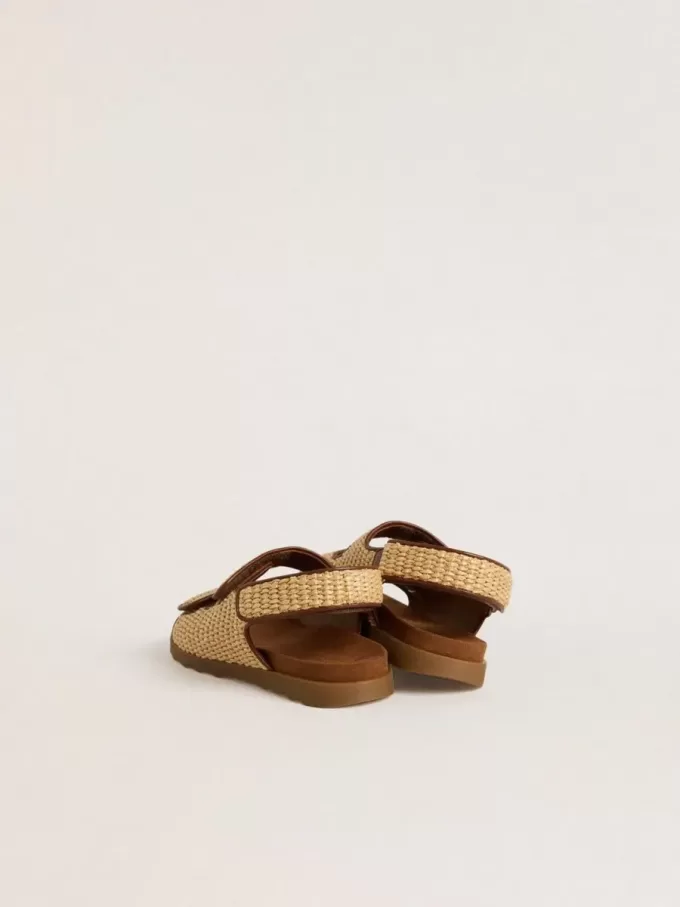 Sandales Noa pour enfants en raphia beige et cuir marron