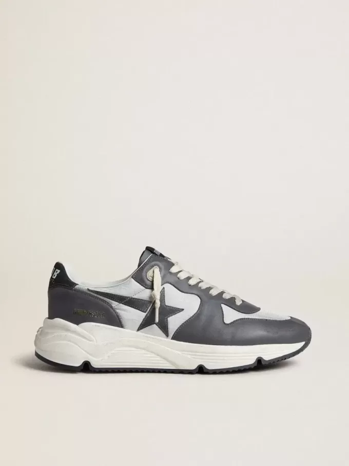 Semelle de course pour homme en nylon gris et cuir nappa noir avec une étoile en daim noir
