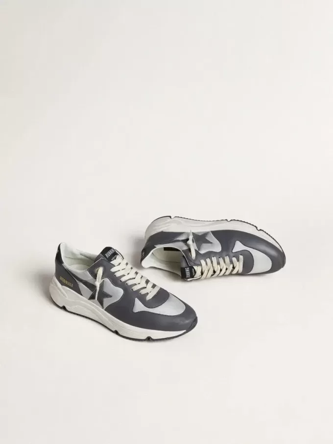 Semelle de course pour homme en nylon gris et cuir nappa noir avec une étoile en daim noir