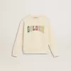 Sweat-shirt blanc vieilli avec inscription multicolore Golden sur le devant