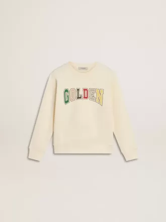 Sweat-shirt blanc vieilli avec inscription multicolore Golden sur le devant