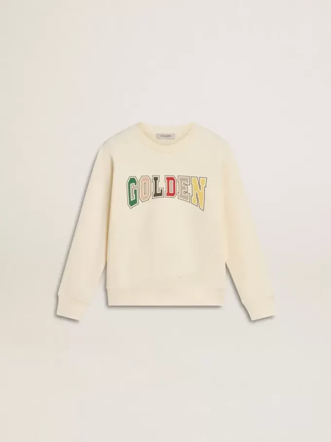 Sweat-shirt blanc vieilli avec inscription multicolore Golden sur le devant
