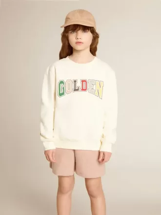 Sweat-shirt blanc vieilli avec inscription multicolore Golden sur le devant