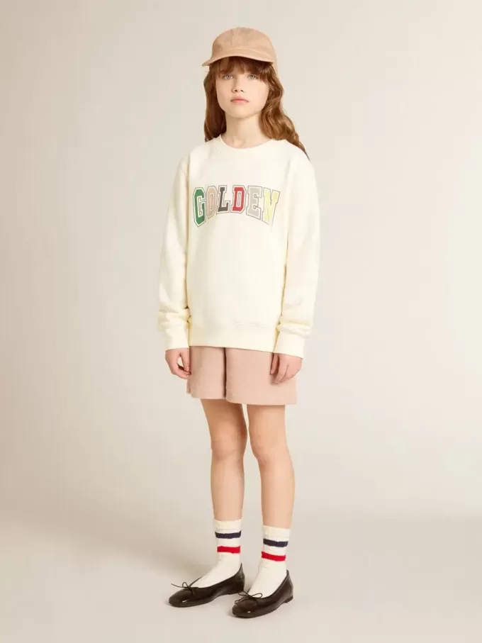 Sweat-shirt blanc vieilli avec inscription multicolore Golden sur le devant