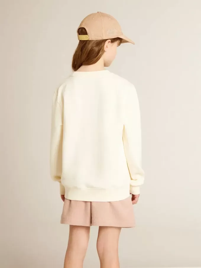 Sweat-shirt blanc vieilli avec inscription multicolore Golden sur le devant