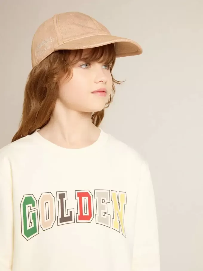 Sweat-shirt blanc vieilli avec inscription multicolore Golden sur le devant
