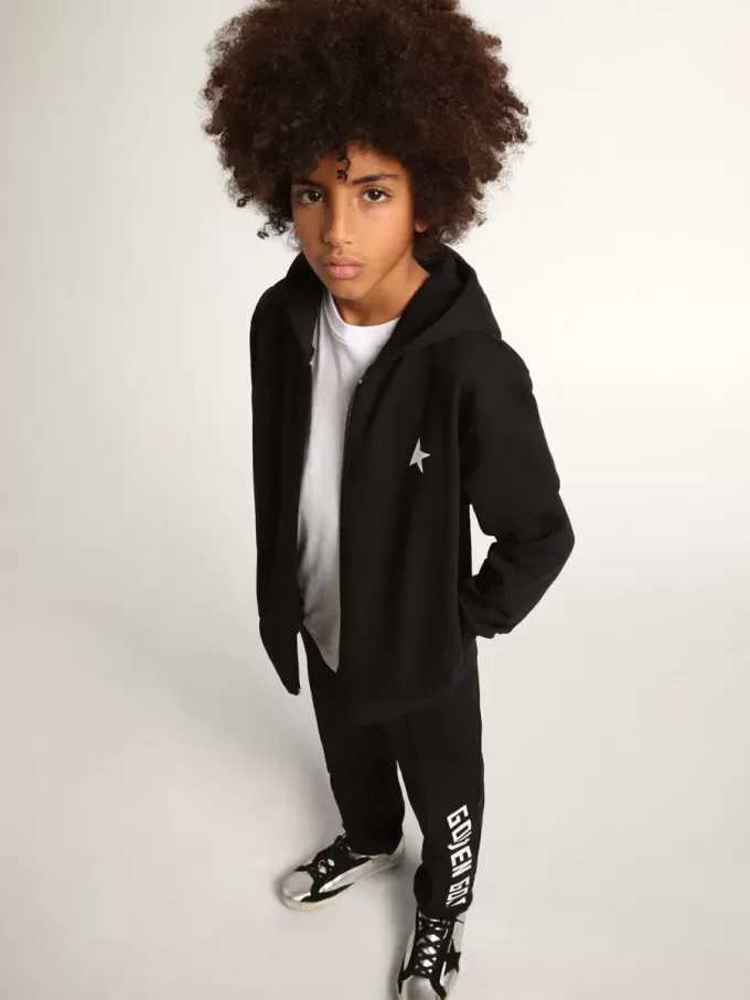 Sweat-shirt à capuche noir avec étoile et logo blancs contrastés