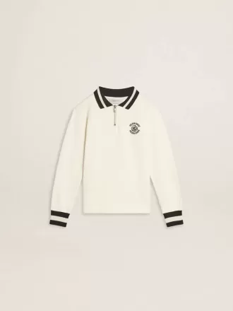Sweat-shirt polo blanc en coton pour enfant, avec broderie sur la poitrine et imprimé dans le dos.
