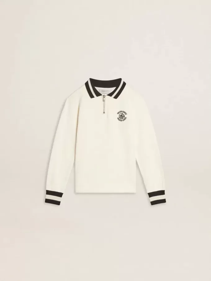 Sweat-shirt polo blanc en coton pour enfant, avec broderie sur la poitrine et imprimé dans le dos.