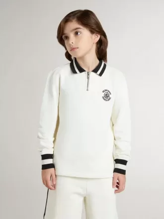 Sweat-shirt polo blanc en coton pour enfant, avec broderie sur la poitrine et imprimé dans le dos.