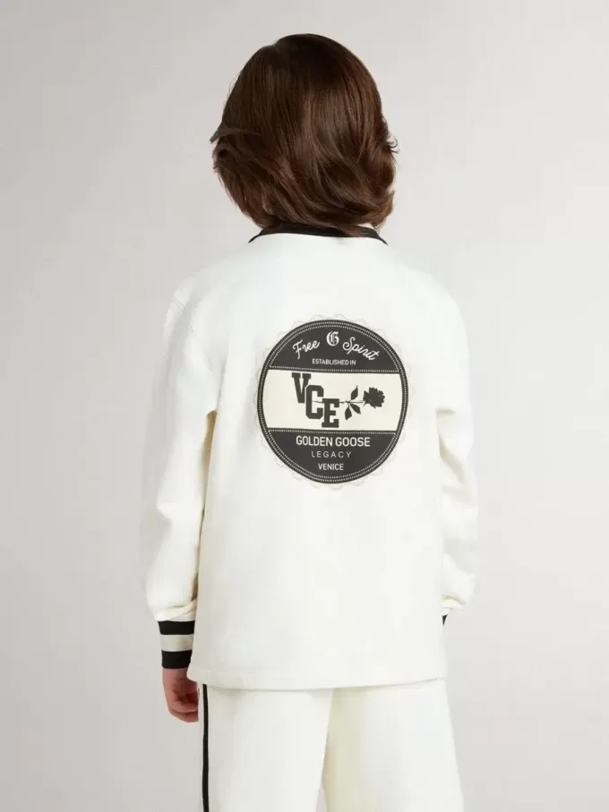 Sweat-shirt polo blanc en coton pour enfant, avec broderie sur la poitrine et imprimé dans le dos.