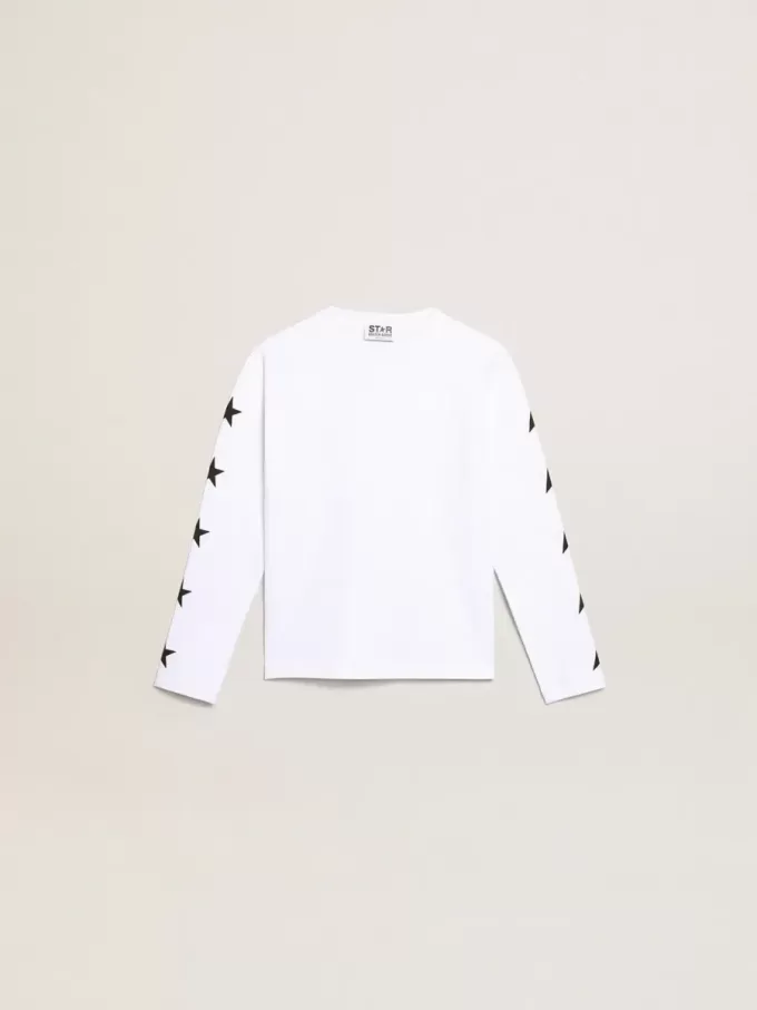 T-shirt blanc à manches longues avec étoiles noires contrastées