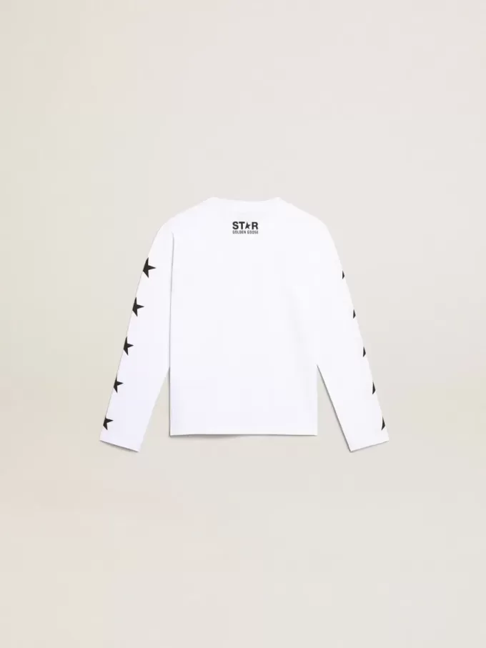 T-shirt blanc à manches longues avec étoiles noires contrastées