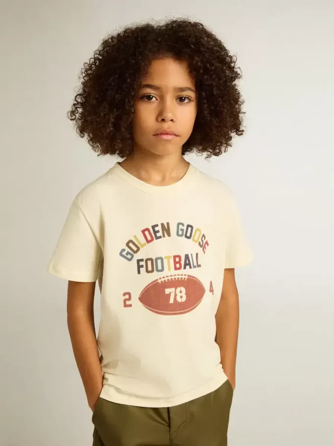 T-shirt pour garçon blanc délavé avec inscription multicolore